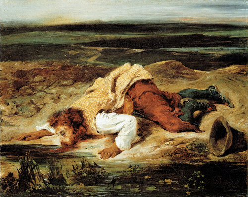 Delacroix- A Mortally Wounded Brigand Quenches his Thirst- 1825 Art Gallery Post
