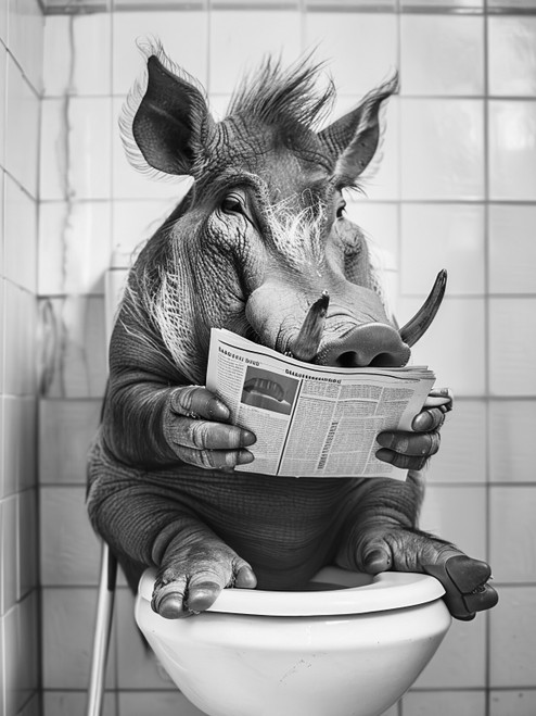 Warthog on Toilet-BlackAndWhite-3by4 Poster Canvas Funny Annimals Pritnt A0 A1 A