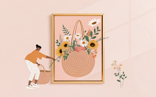 Boho Wicker Bag Sunflowers Daisies Floral Art Print - Unframed A6 A5 A4 A3 A2 A1