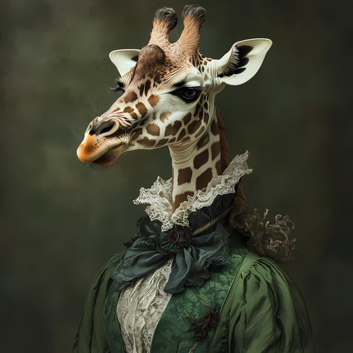 Gentelman giraffe with a green, Victorian-inspired outfit that includes a lace