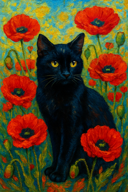 Elias Morrow - Scarlet Reverie in the Field of Poppies Art cat black flower