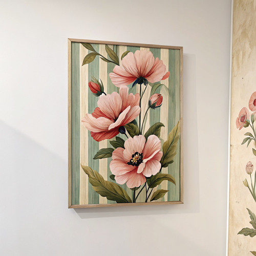 Flowers on a stripy background art print - pink poppies cottagecore floral art v