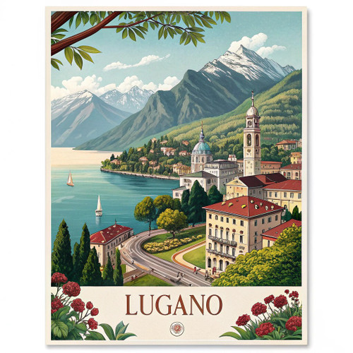Captivating Lugano Switzerland Travel Poster - Lake Views & City Charm Art Print Captivating Lugano Switzerland Travel Poster - Lake Views & City Charm Art Print