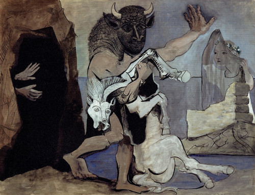Minotaur and dead Mare before a cave in front of a girl in a vei