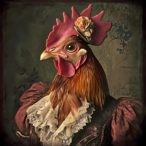 Regal Hen in a variety of textures and colors, including a prominent, red, spik