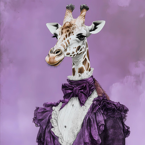 Lady Giraffe in aornate outfit made of layers of fabric in shades of purple, wit