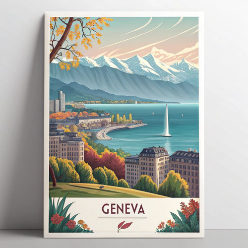 Geneva Switzerland Scenic Travel Poster - Lake and Alpine Peaks Art Print Poster