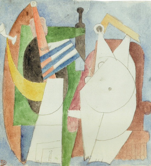 Nude in an armchair and man with mustache holding a bottle of w