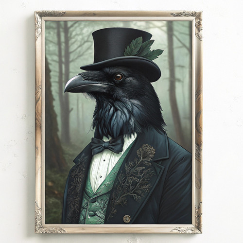 0_Raven wearing black suit Wall Art Print Vintage Gothic Style Portrait of a Gen