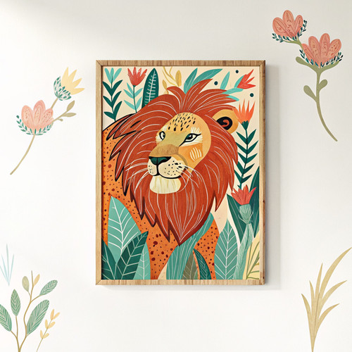 Lion in pastel botanical jungle art print - Fun cute abstract jungle animal trop