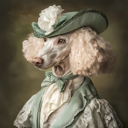 Poodle with a green and white themed outfit, including a hat with a large, delic