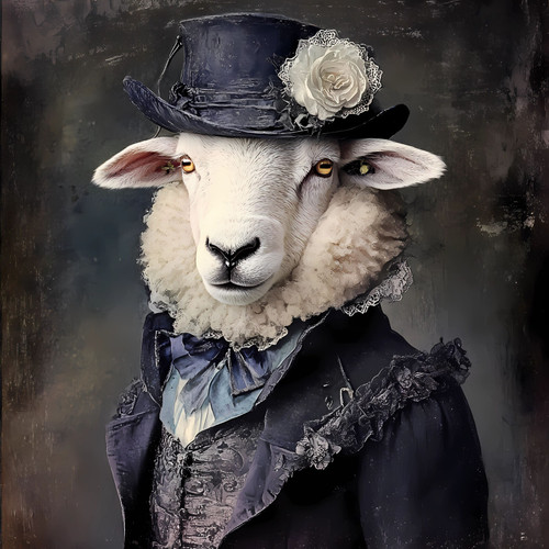 Gentelman Sheep in a fluffy, woolly coat with a dark, vintage-style top hat and