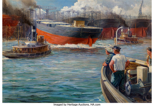 Anton Otto Fischer (American, 1882-1962). Shipyard Freighter Launch, 1941. Poste