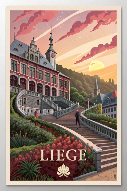 Liege Belgium Vintage Travel Poster - Iconic Landmarks in Watercolor Art Print P