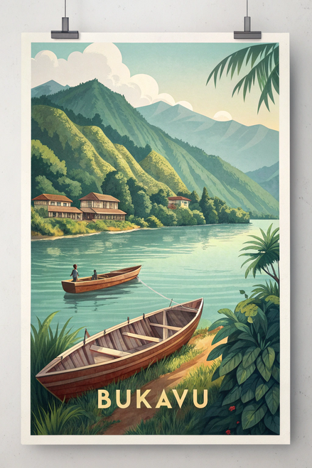 Enthralling Bukavu Congo Travel Poster - Panoramic Lake Kivu Art Print Poster Ca