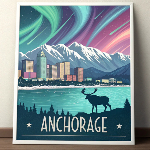 Majestic Anchorage Alaska Travel Poster - Northern Lights and Wildlife Art Print
