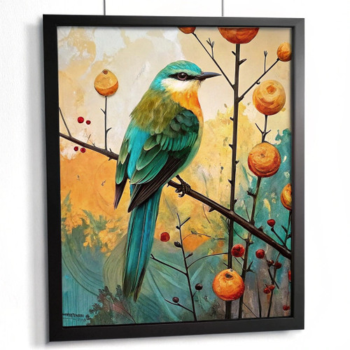 Bird On A Branch Wall Art Green Bird Print Orange And Green Print Wall Decor Pos