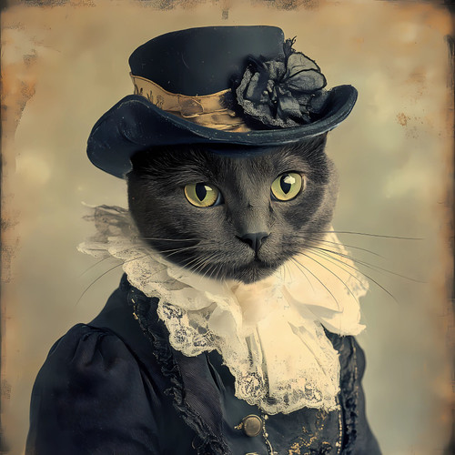 a black cat with striking green eyes with a formal black top hat adorned with a