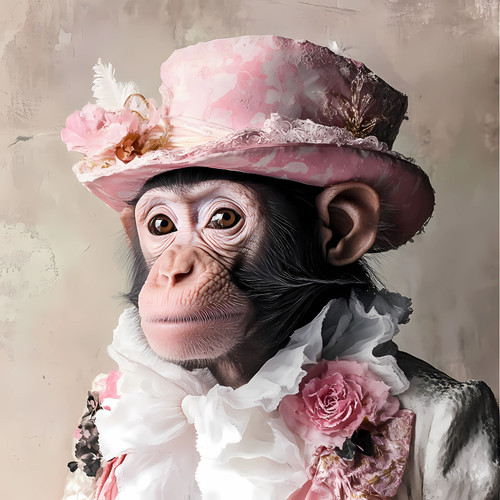 Gentelman Monkey with a pink hat featuring a floral design and accents of pink
