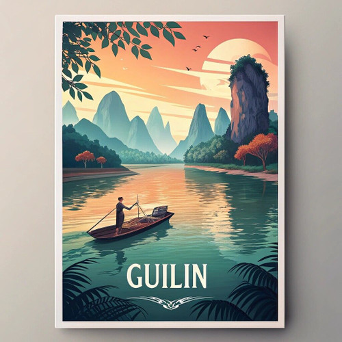 Enthralling Guilin China Travel Poster - Li River and Karst Peaks Art Print Post