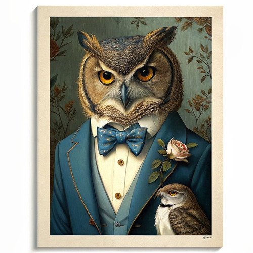 Vintage Owl In A Suit Print Cute Animal Wall Art Framed Picture Owl Artwork Gift