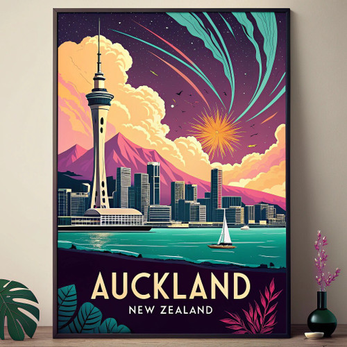 Majestic Auckland New Zealand Travel Poster - Cityscape Skyline Art Print Poster