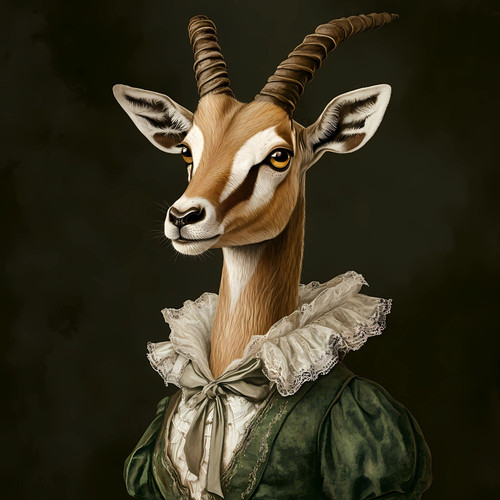 Lady Antelope in Edwardian style green dress and a detailed, lace-like ruff arou Lady Antelope in Edwardian style green dress and a detailed, lace-like ruff arou