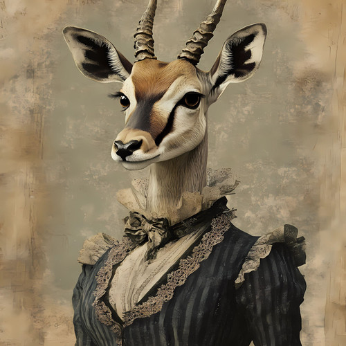 Lady Antelope with a Victorian-inspired outfit, including lace trimmings and a b