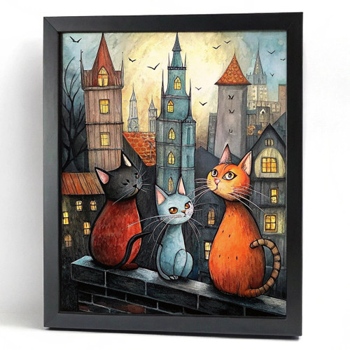 Cartoon Cats On The Roof Wall Art Cute Cat Print Funny Cat Artwork Cat Gift (2)