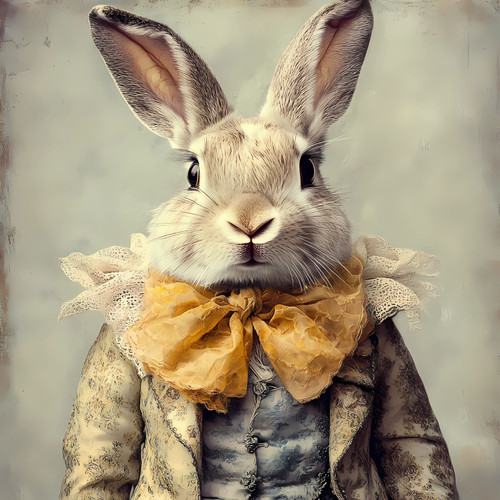 Gentelmen rabbit with a detailed and ornate golden-brown, lace-like ruffled coll