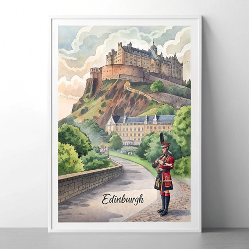 Majestic Edinburgh Scotland Travel Poster - Castle and Bagpipes Art Print Poster