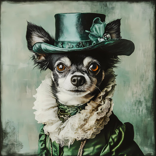 adorable black and white dog with a distinctive outfit. Poster Canvas Print Art