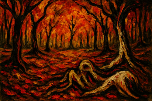 Decay Beneath the Crimson Canopy — Elias Morrow Poster Canvas Print A0 Art