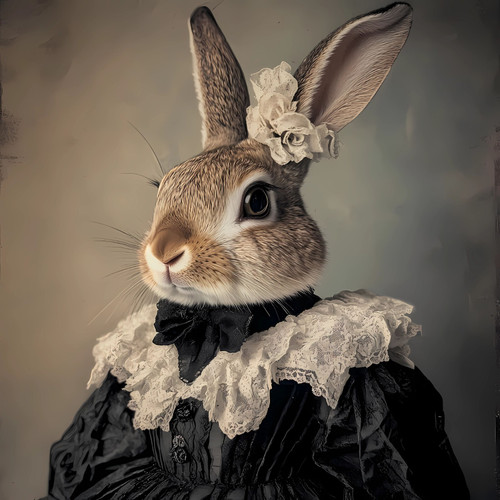 Lady Rabbit with a black and white outfit that includes a lace-like ruffled coll