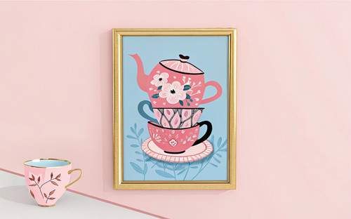 Pretty Stacked Tea Cups Blue Pink Cute Retro Cuppa Art Print - Unframed A6 A5 A4