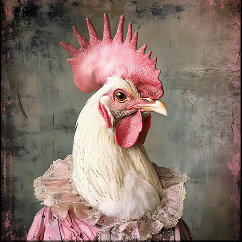 Regal Hen whit a large, vibrant pink comb and a head adorned with a prominent, s