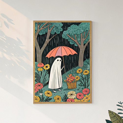 Cute cottagecore ghost under an umbrella art print - cute spooky ghost in the ra