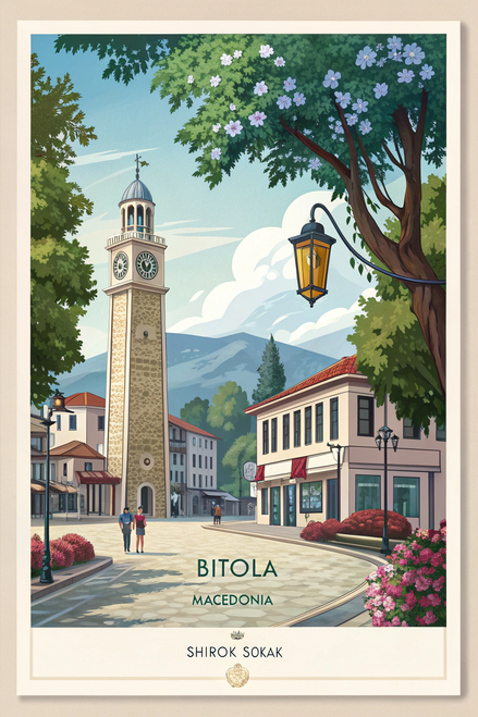 Bitola Macedonia Vintage Travel Poster - Clock Tower & Ancient Theatre Art Print