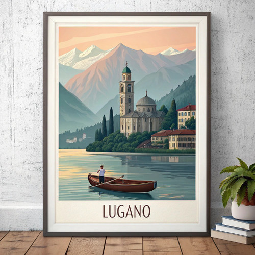 Lugano Switzerland Vintage Travel Poster - Lakefront Panorama Art Print Poster C