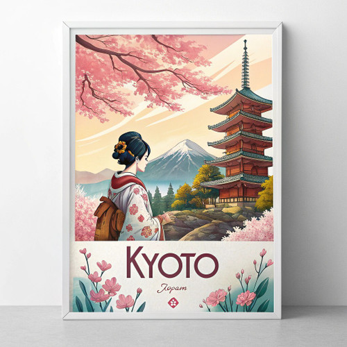 Enchanting Kyoto Japan Travel Poster - Geisha & Cherry Blossoms Art Print Poster
