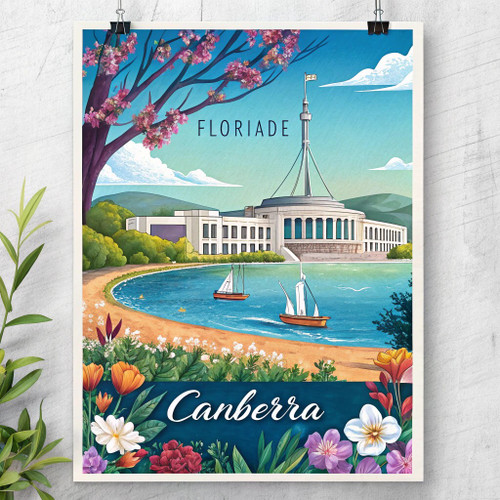 Canberra, Australia Travel Poster - Parliament House & Floriade Fest Art Print P
