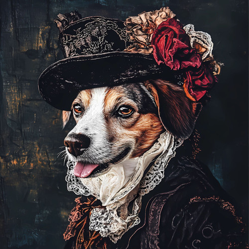 a dog with a unique, detailed and colorful Victorian-inspired attire. Poster Can