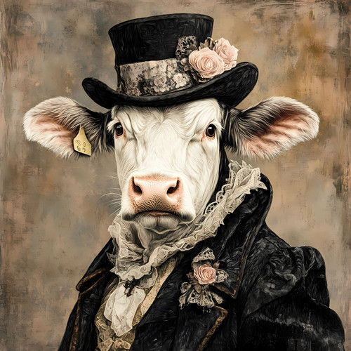 Gentelman Cow with a top hat, a lace-collared outfit, and decorative elements in