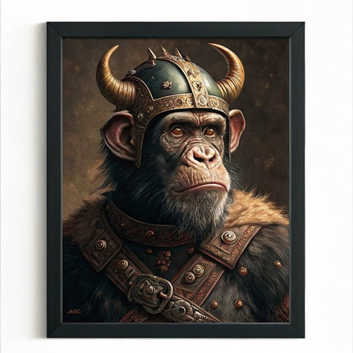 Viking Chimp Painting Monkey Viking Portrait Historical Animal Wall Art Print (1