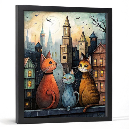 Cartoon Cats On The Roof Wall Art Cute Cat Print Funny Cat Artwork Cat Gift Post