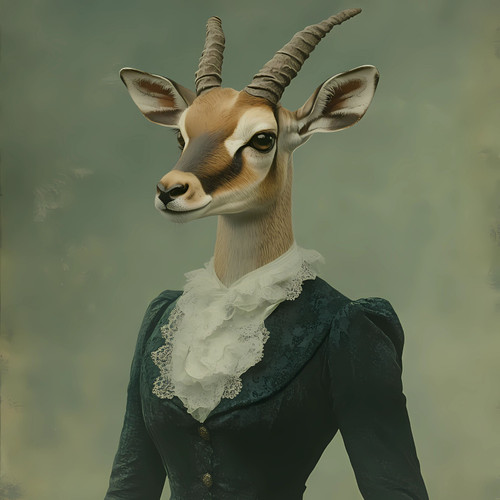 Lady Antelope in a lace-like white ruff collar and a dark green, vintage-inspire