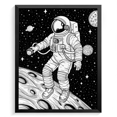 Black And White Wall Art Astronaut Print Monochrome Space Art Drawing (2) Poster