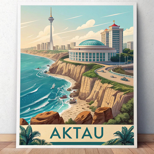 Majestic Aktau Kazakhstan Travel Poster - Caspian Sea and Limestone Art Print Po