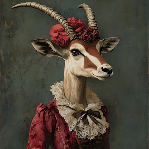 Lady Antelope in headpiece and a rose flower accessory whit red dress with a lac