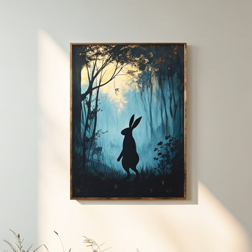 Lonely rabbit in the moody woodland wall art print - dark academia gloomy night